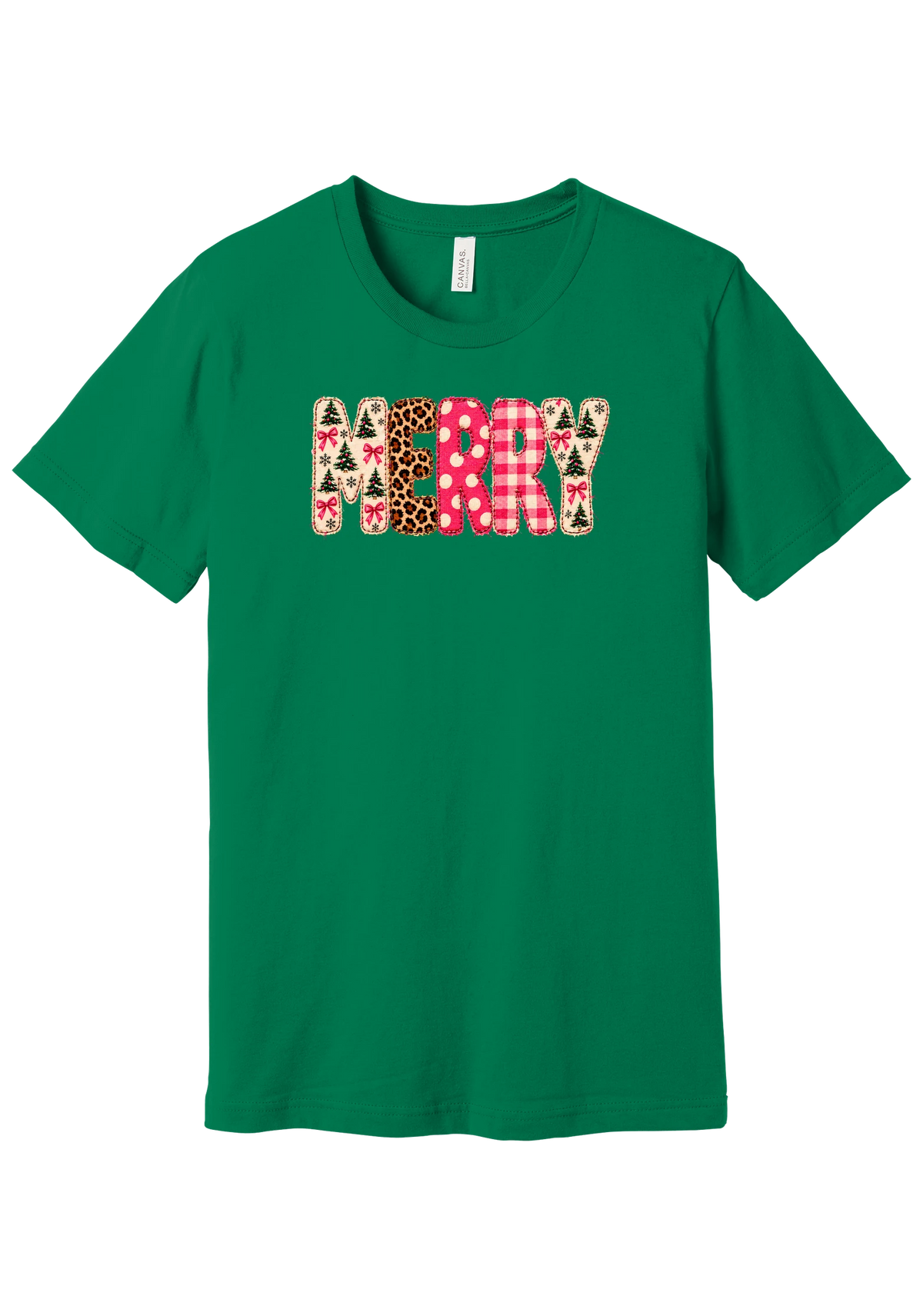 Merry Preppy Applique tee in Kelly Green, featuring faux applique MERRY letters in pink and green patchwork patterns with trees, gingham, Santas, polka dots, and candy cane stripes