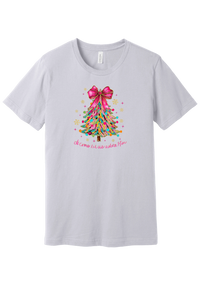 Adore Him Ribbon Tree tee in Lavender Dust, featuring a colorful ribbon Christmas tree topped with a hot pink bow over Oh Come Let Us Adore Him script