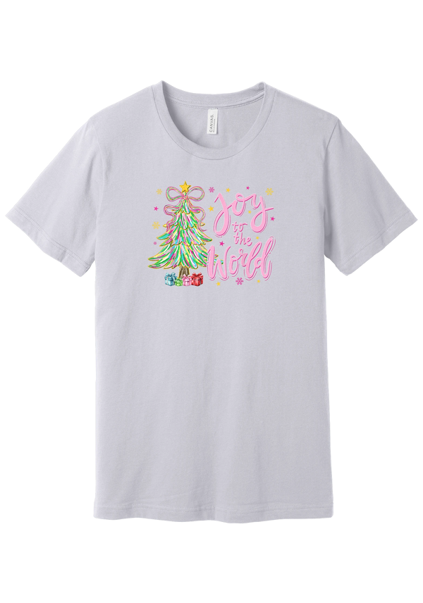 Joy to the World Pastel Tree tee in Lavender Dust, featuring a pastel tinsel Christmas tree with a ribbon bow beside Joy to the World pink script