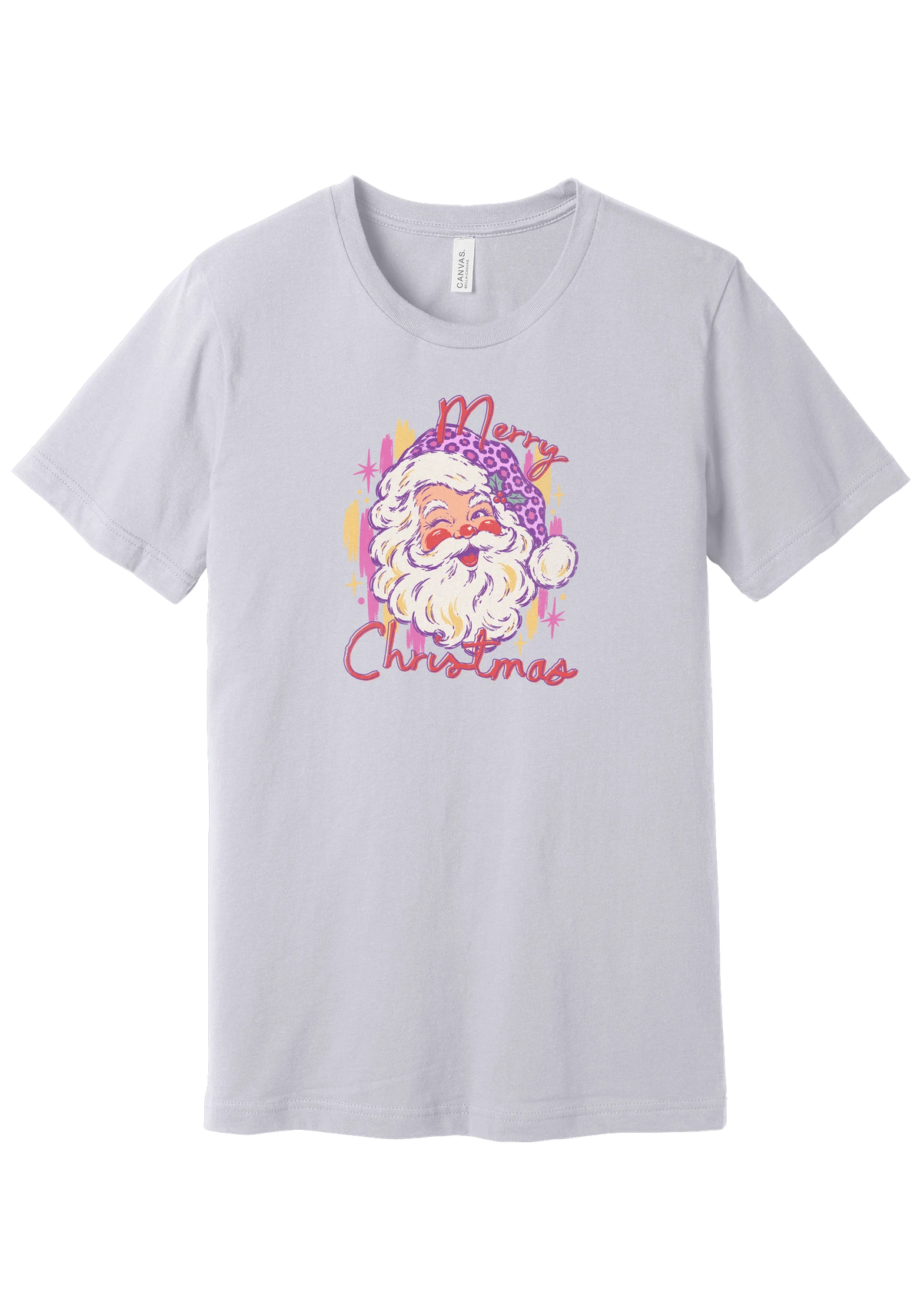 Preppy Santa (Pink Leopard) tee in Lavender Dust, featuring a vintage Santa in a pink leopard hat above candy-colored Merry Christmas script