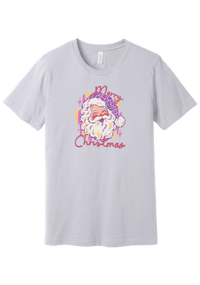 Preppy Santa (Pink Leopard) tee in Lavender Dust, featuring a vintage Santa in a pink leopard hat above candy-colored Merry Christmas script