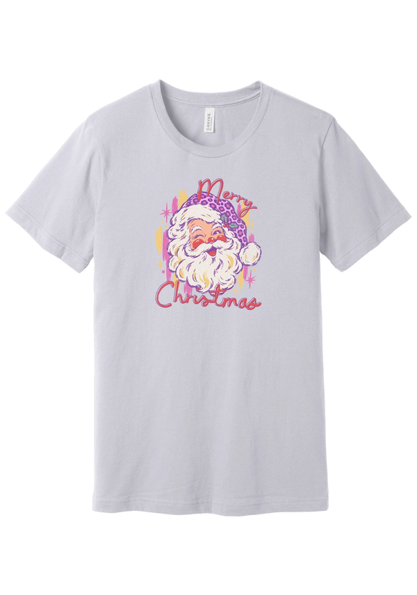 Preppy Santa (Pink Leopard) tee in Lavender Dust, featuring a vintage Santa in a pink leopard hat above candy-colored Merry Christmas script