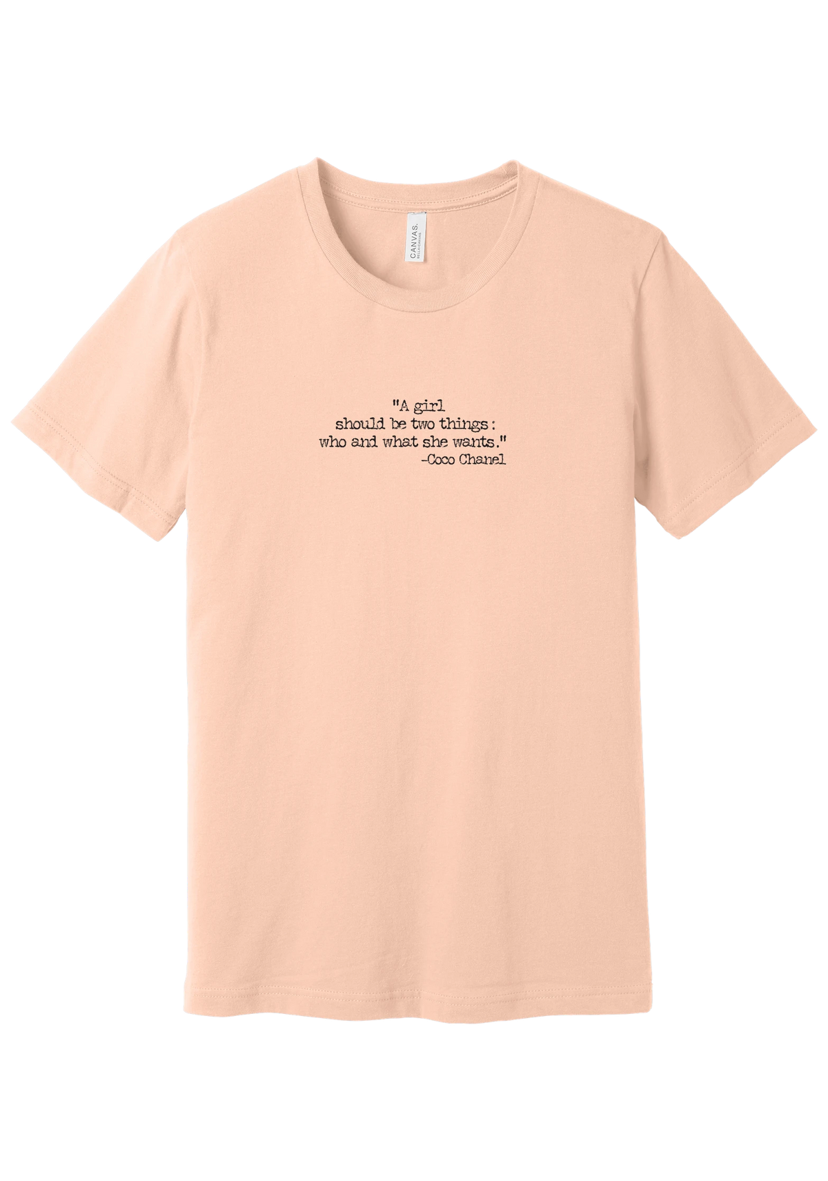 Coco Chanel Who and What Quote tee in Peach, featuring A girl should be two things who and what she wants in distressed black typewriter letters