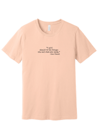 Coco Chanel Who and What Quote tee in Peach, featuring A girl should be two things who and what she wants in distressed black typewriter letters