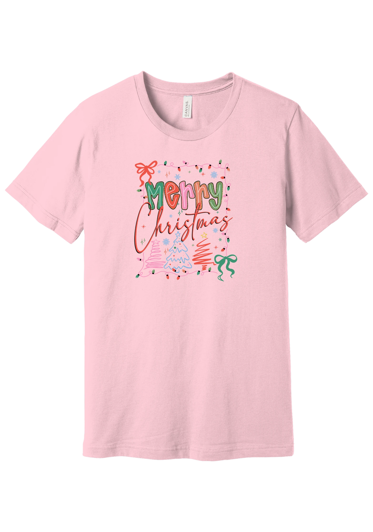 Coquette Merry Christmas Outline tee in Pink, featuring bright Merry Christmas lettering framed by string lights, coquette bows, and sketched Christmas trees