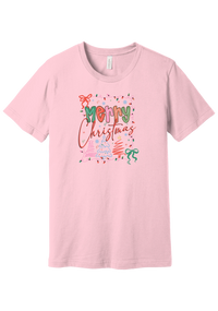 Coquette Merry Christmas Outline tee in Pink, featuring bright Merry Christmas lettering framed by string lights, coquette bows, and sketched Christmas trees