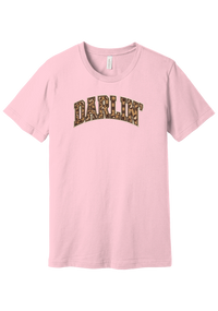 Darlin' tee, Checker Outline design, in Pink, featuring arched varsity DARLIN' letters filled with leopard and checker print
