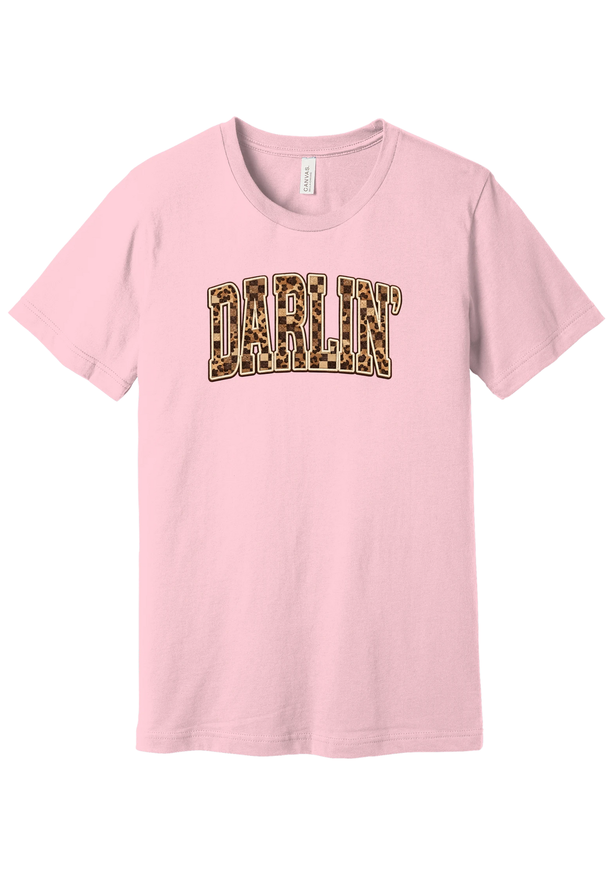 Darlin' tee, Leopard Checker design, in Pink, featuring arched varsity DARLIN' letters filled with leopard and checker print