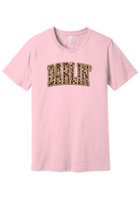 Darlin' tee, Leopard Checker design, in Pink, featuring arched varsity DARLIN' letters filled with leopard and checker print