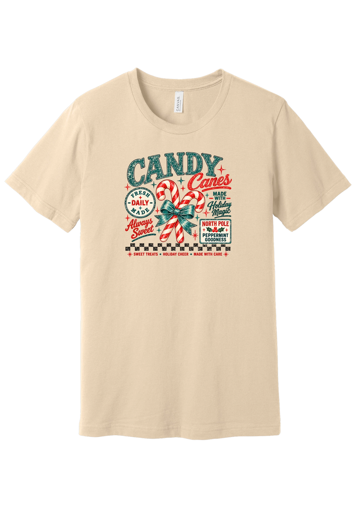 Fresh Candy Canes tee in Soft Cream, featuring vintage candy shop lettering with two striped candy canes tied in a green bow and a North Pole Peppermint sign