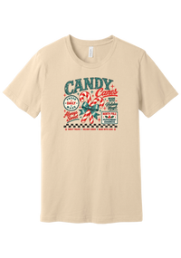 Fresh Candy Canes tee in Soft Cream, featuring vintage candy shop lettering with two striped candy canes tied in a green bow and a North Pole Peppermint sign
