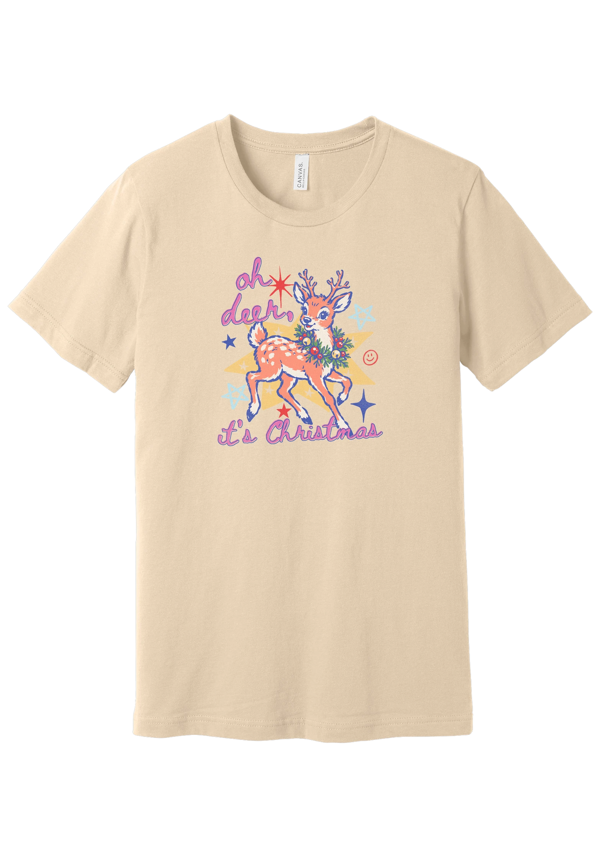 Oh Deer Retro tee in Soft Cream, featuring a retro spotted fawn wearing a holly wreath with pastel stars and hand-lettered script