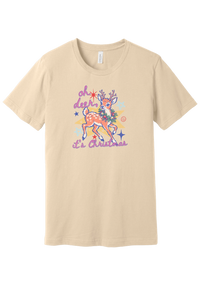Oh Deer Retro tee in Soft Cream, featuring a retro spotted fawn wearing a holly wreath with pastel stars and hand-lettered script