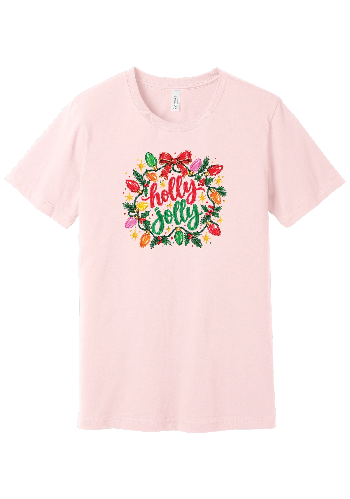 Holly Jolly Christmas Lights tee in Soft Pink, featuring hand-lettered holly jolly script framed by vintage bulb lights, holly, and a big red bow