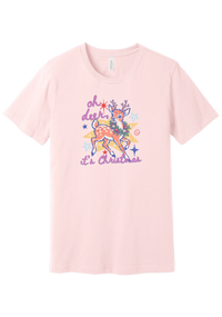 Oh Deer Retro tee in Soft Pink, featuring a retro spotted fawn wearing a holly wreath with pastel stars and hand-lettered script