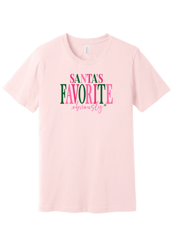 Santa's Favorite, Obviously tee in Soft Pink, featuring bold SANTA'S FAVORITE serif lettering with a sassy obviously script