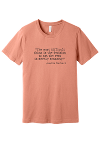 Amelia Earhart Tenacity Quote tee in Sunset, featuring The most difficult thing is the decision to act the rest is merely tenacity in distressed black typewriter letters