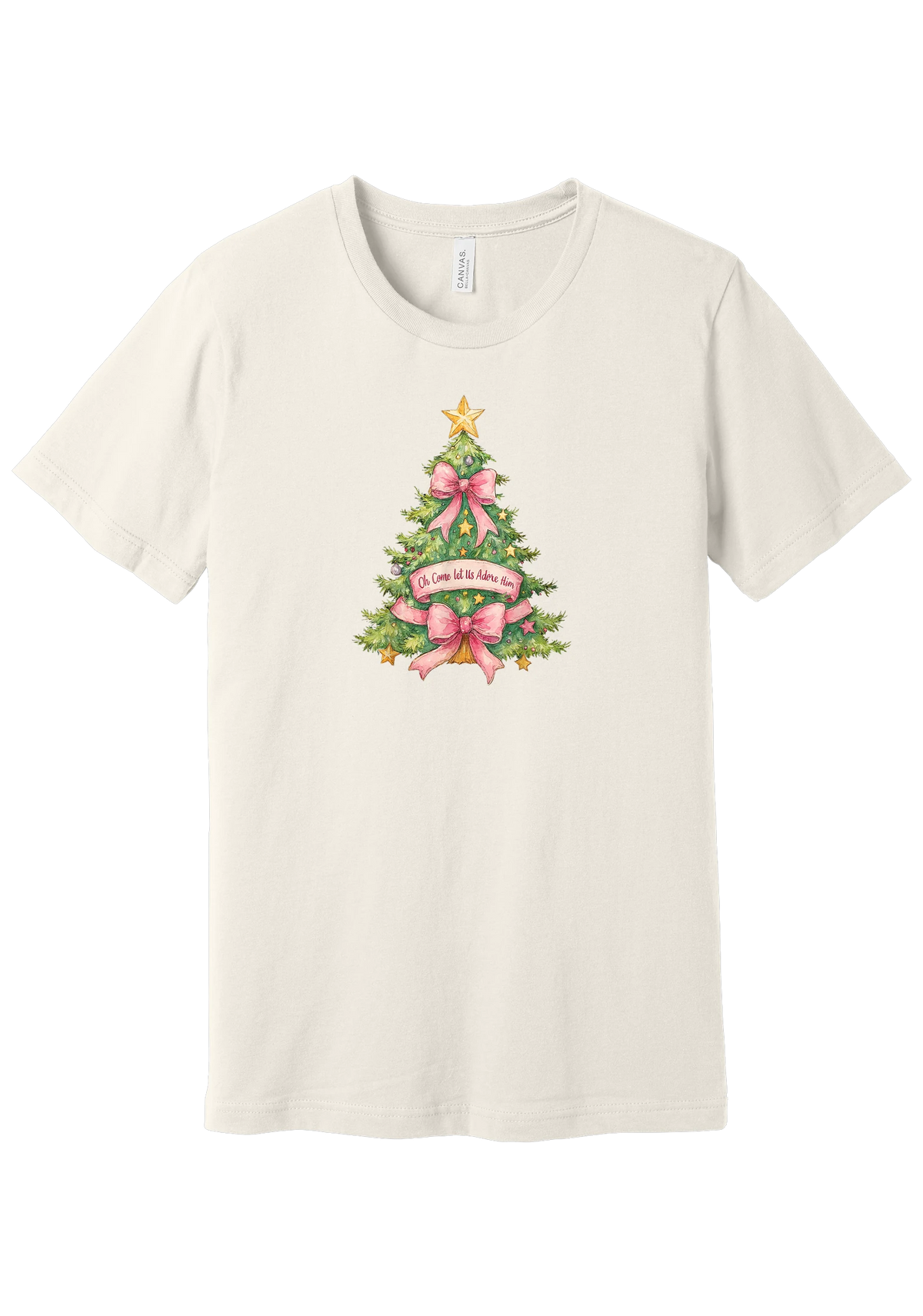 Adore Him Bow Tree tee in Vintage White, featuring a green Christmas tree dressed in pink bows and a gold star with an Oh Come Let Us Adore Him banner
