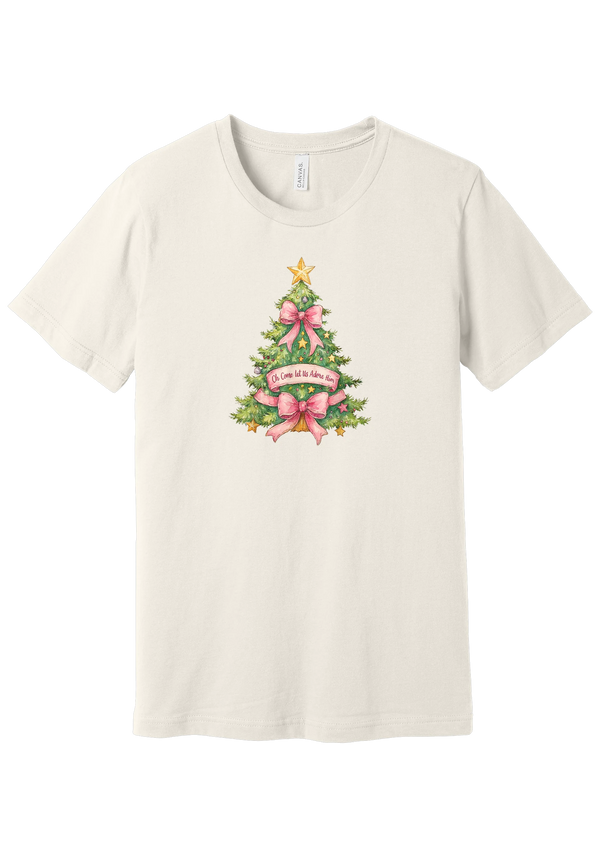 Adore Him Bow Tree tee in Vintage White, featuring a green Christmas tree dressed in pink bows and a gold star with an Oh Come Let Us Adore Him banner