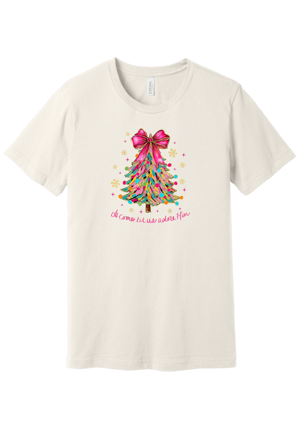 Adore Him Ribbon Tree tee in Vintage White, featuring a colorful ribbon Christmas tree topped with a hot pink bow over Oh Come Let Us Adore Him script