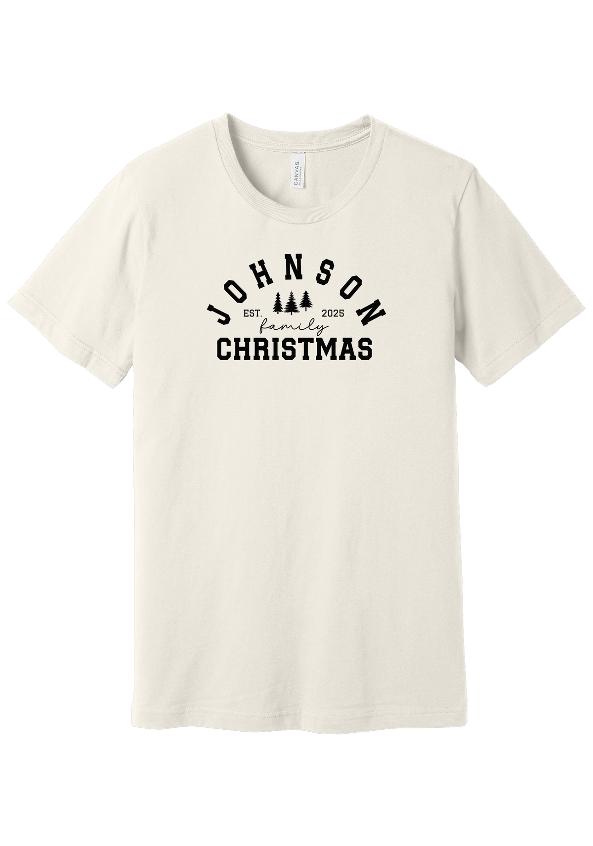 Personalized Family Christmas tee in Vintage White, featuring a personalized family last name arched over three pine trees with EST. and the year
