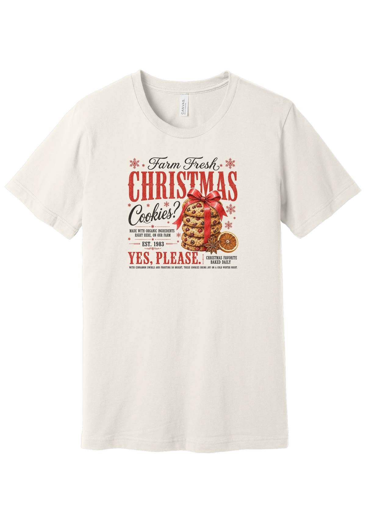 Farm Fresh Christmas Cookies tee in Vintage White, featuring a vintage farmhouse bakery sign with a stack of Christmas cookies tied in a red ribbon bow