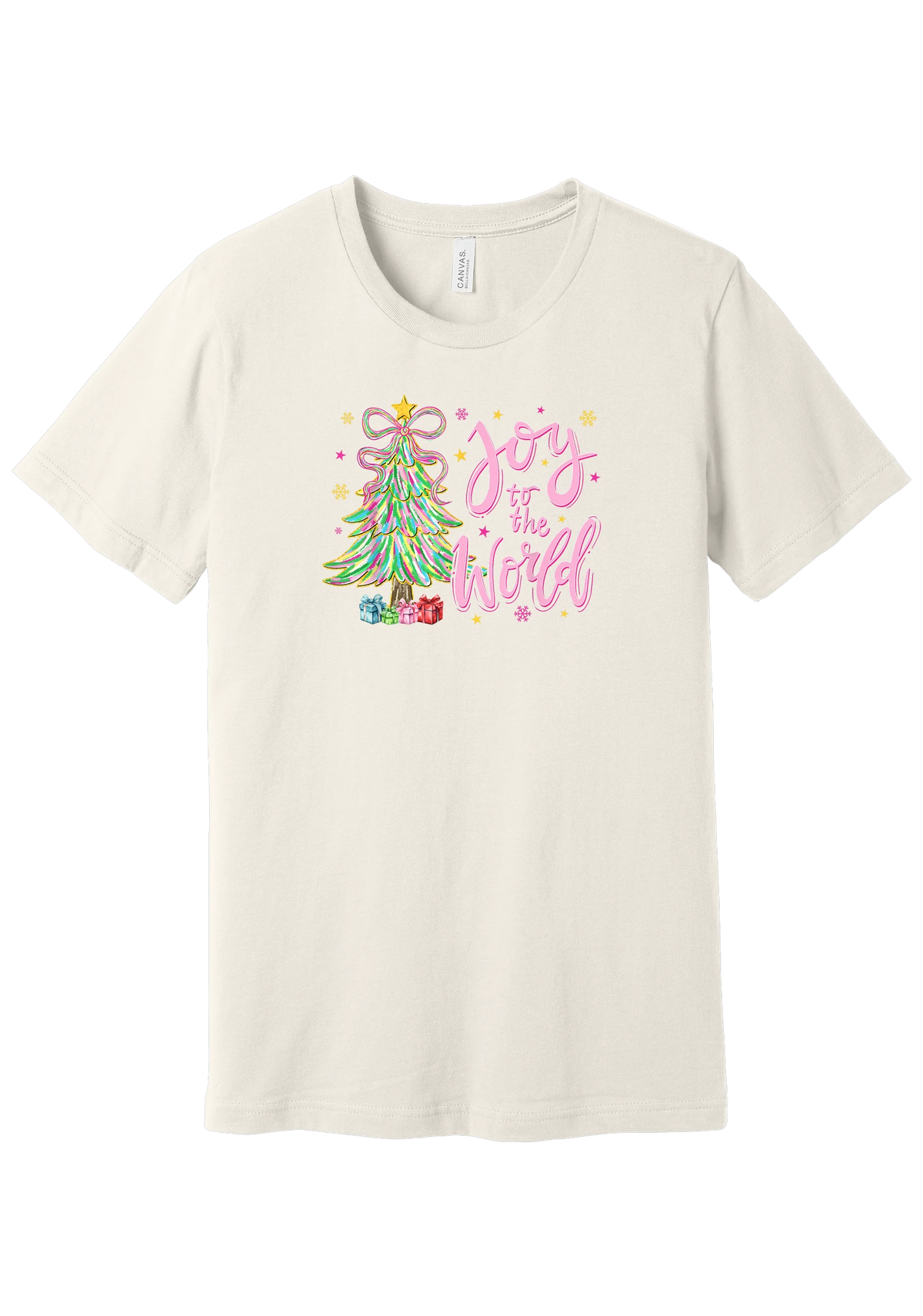 Joy to the World Pastel Tree tee in Vintage White, featuring a pastel tinsel Christmas tree with a ribbon bow beside Joy to the World pink script