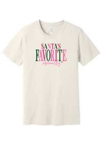 Santa's Favorite, Obviously tee in Vintage White, featuring bold SANTA'S FAVORITE serif lettering with a sassy obviously script