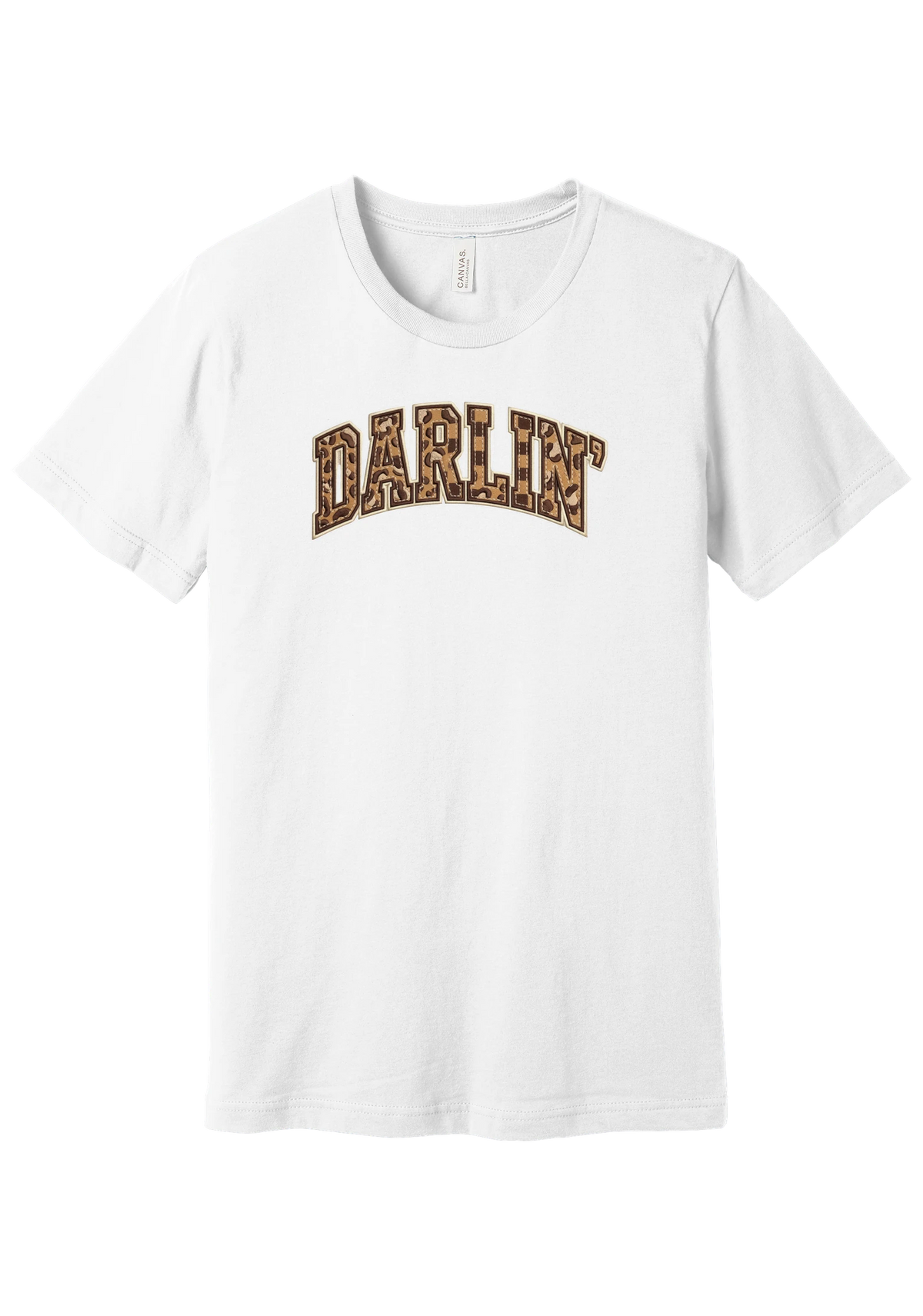 Darlin' tee, Checker Outline design, in White, featuring arched varsity DARLIN' letters filled with leopard and checker print