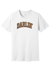 Darlin' tee, Checker Outline design, in White, featuring arched varsity DARLIN' letters filled with leopard and checker print