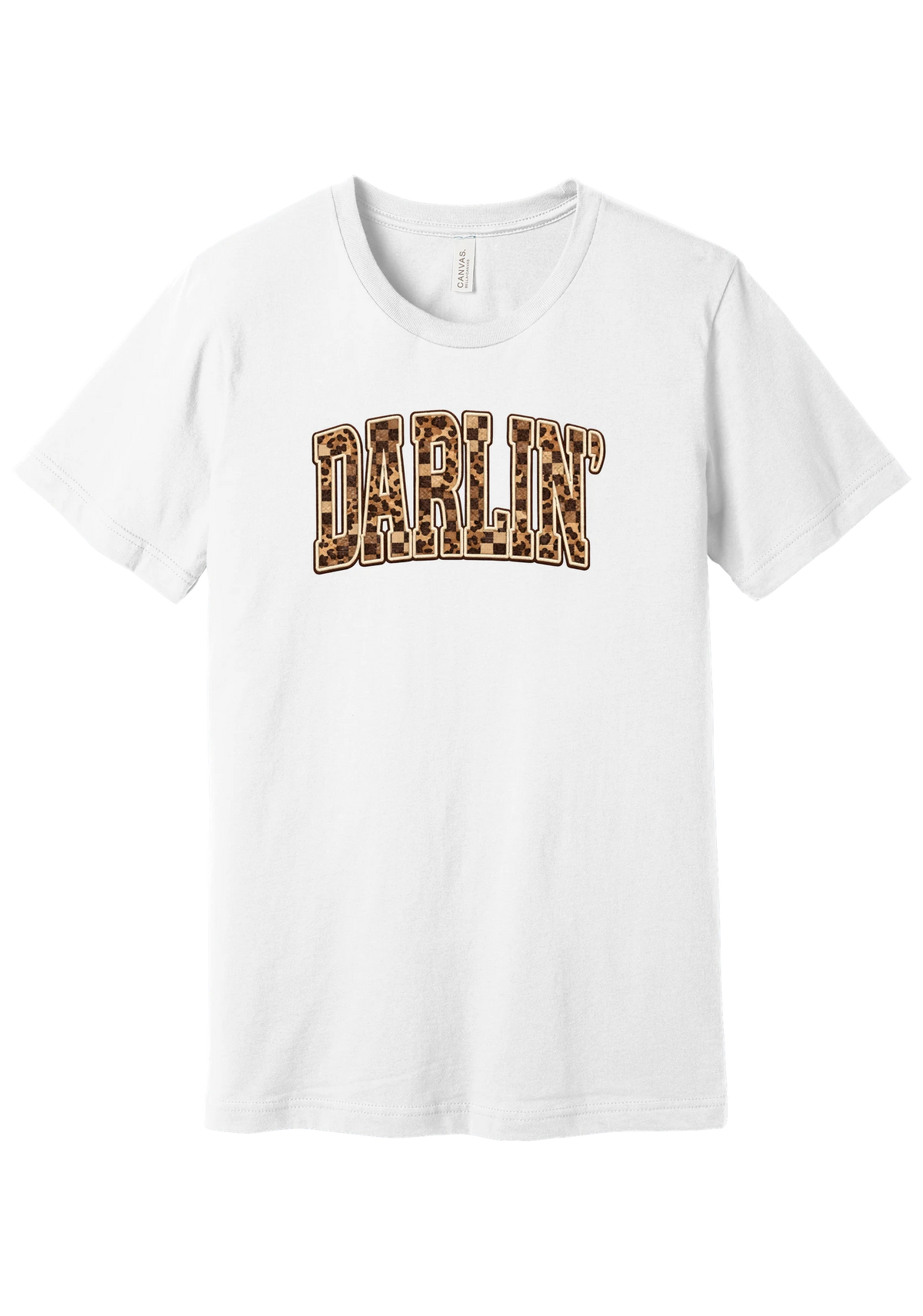 Darlin' tee, Leopard Checker design, in White, featuring arched varsity DARLIN' letters filled with leopard and checker print