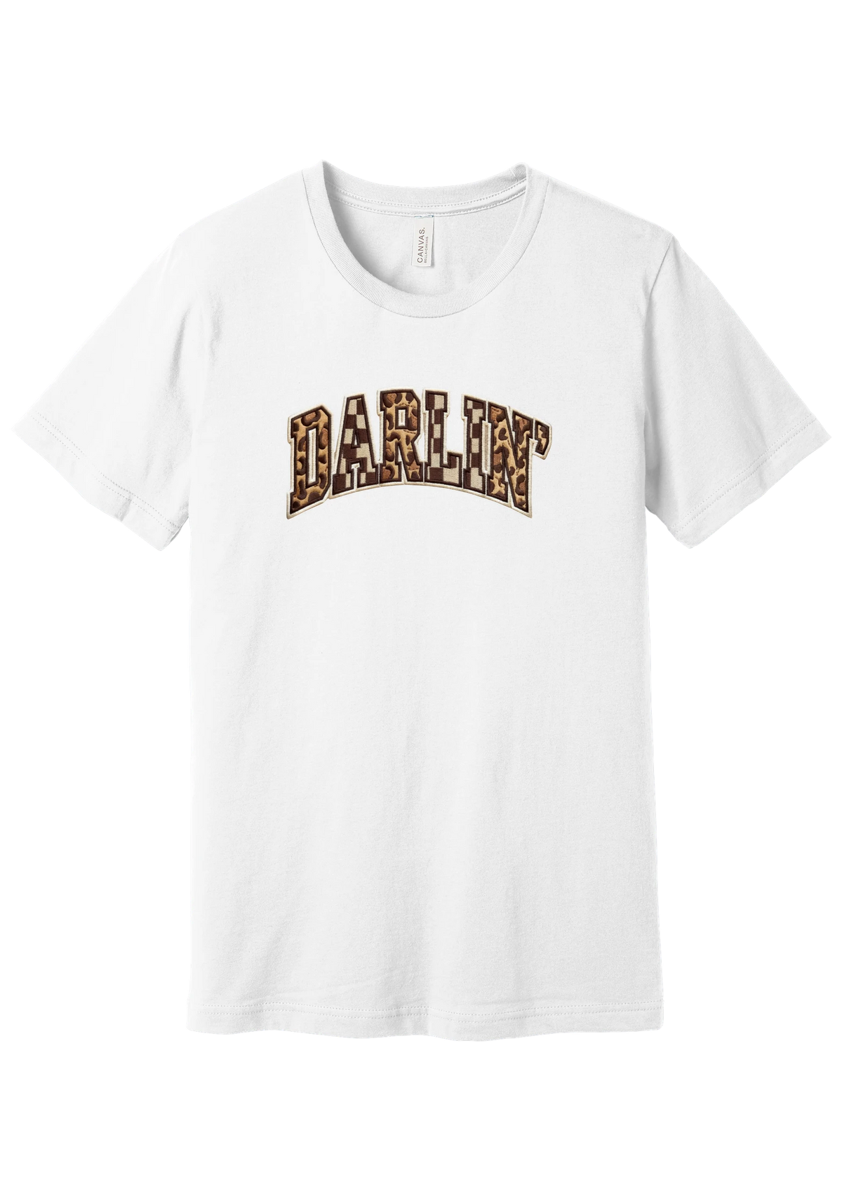 Darlin' tee, Patchwork design, in White, featuring arched varsity DARLIN' letters filled with leopard and checker print