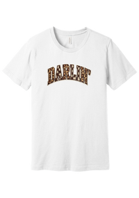 Darlin' tee, Patchwork design, in White, featuring arched varsity DARLIN' letters filled with leopard and checker print