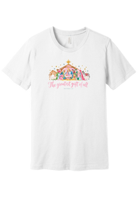 The Greatest Gift of All tee in White, featuring a soft watercolor nativity scene beneath the star with Matthew 1:21