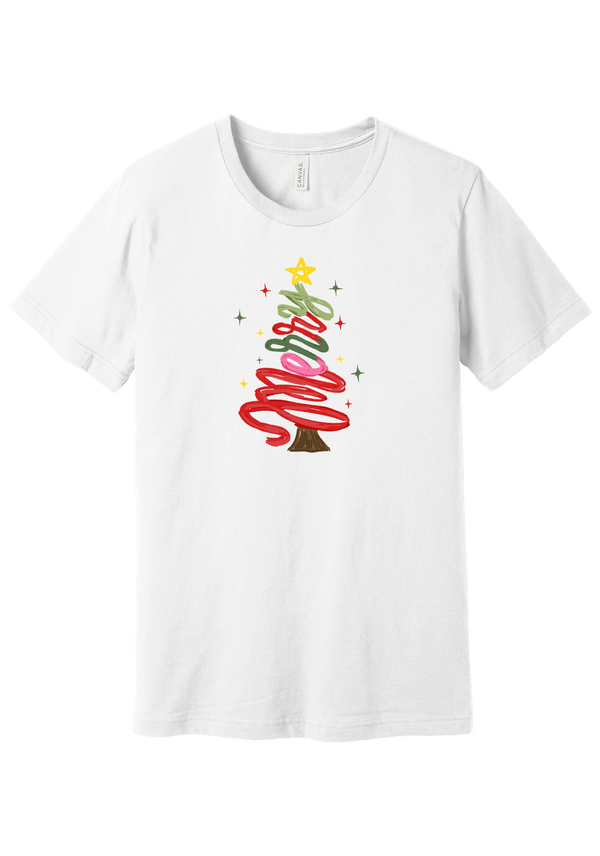 Hand Script Merry Christmas Tree tee in White, featuring loopy hand-lettered Merry stacked into a Christmas tree with a gold star and sparkles