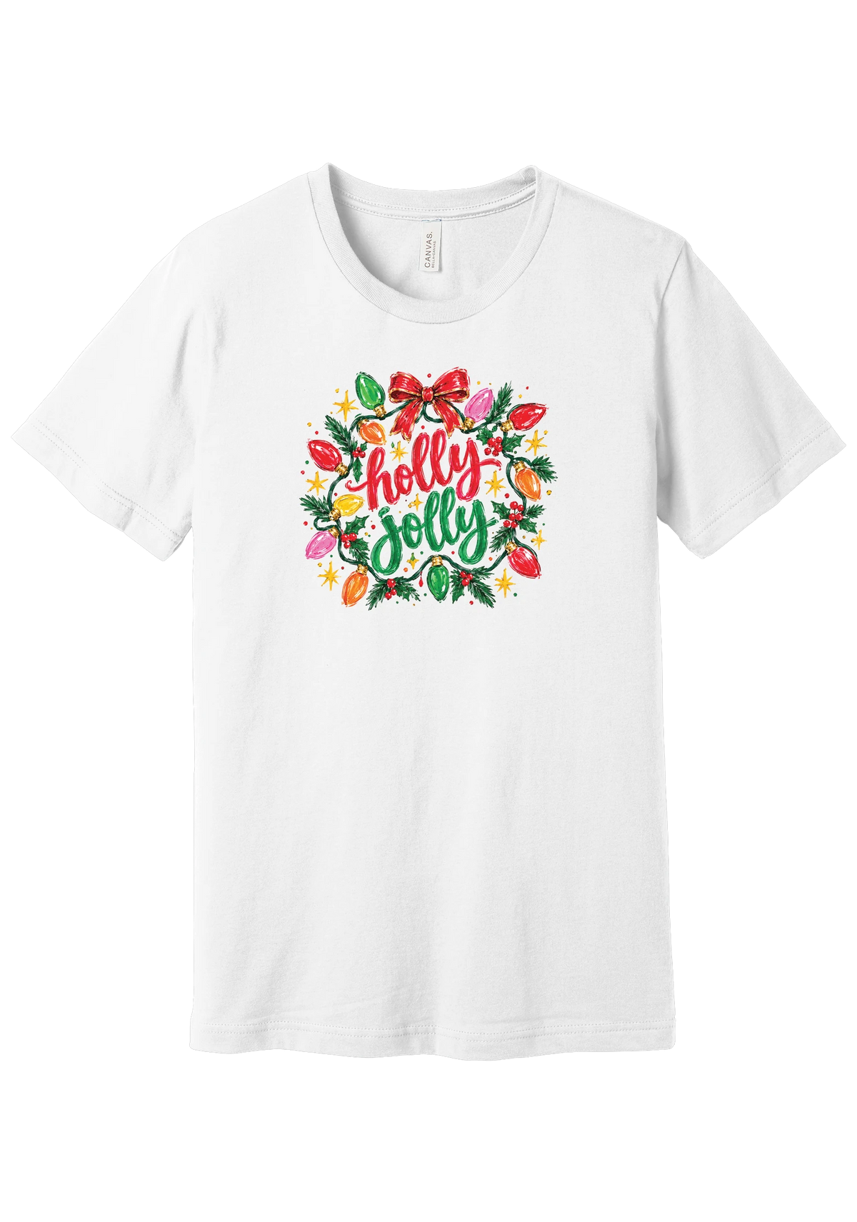 Holly Jolly Christmas Lights tee in White, featuring hand-lettered holly jolly script framed by vintage bulb lights, holly, and a big red bow