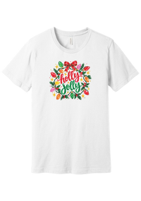 Holly Jolly Christmas Lights tee in White, featuring hand-lettered holly jolly script framed by vintage bulb lights, holly, and a big red bow