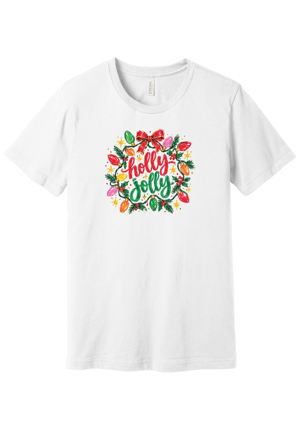 Holly Jolly Christmas Lights tee in White, featuring hand-lettered holly jolly script framed by vintage bulb lights, holly, and a big red bow
