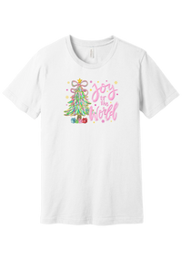 Joy to the World Pastel Tree tee in White, featuring a pastel tinsel Christmas tree with a ribbon bow beside Joy to the World pink script