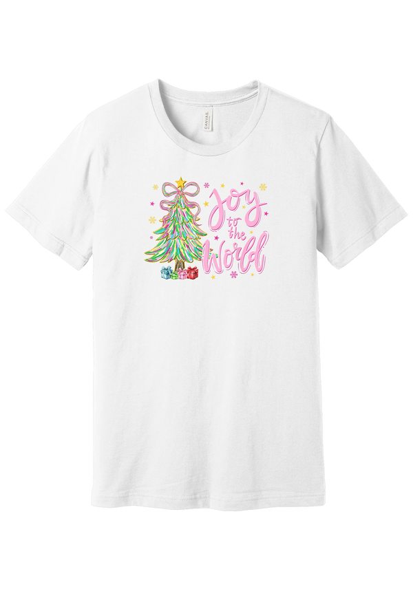 Joy to the World Pastel Tree tee in White, featuring a pastel tinsel Christmas tree with a ribbon bow beside Joy to the World pink script