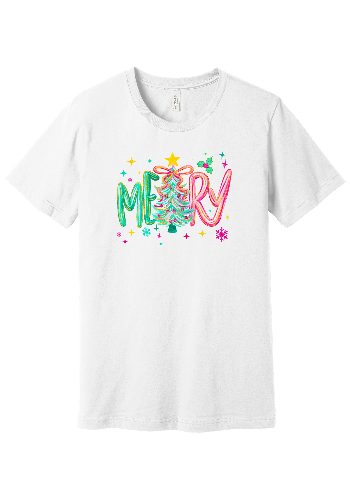 Merry Tinsel Tree tee in White, featuring puffy teal and pink MERRY letters around a tinsel Christmas tree with a gold star
