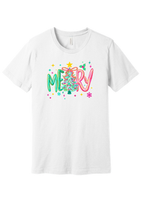 Merry Tinsel Tree tee in White, featuring puffy teal and pink MERRY letters around a tinsel Christmas tree with a gold star