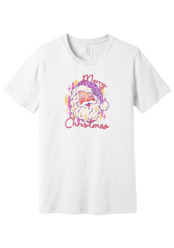 Preppy Santa (Pink Leopard) tee in White, featuring a vintage Santa in a pink leopard hat above candy-colored Merry Christmas script