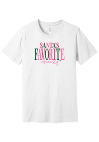 Santa's Favorite, Obviously tee in White, featuring bold SANTA'S FAVORITE serif lettering with a sassy obviously script