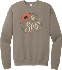 Be Still crewneck sweatshirt in Tan, featuring Be Still in hand lettered script with a coral poppy, greenery, and Psalm 46:10