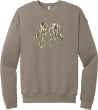Camo Bow Stethoscope crewneck sweatshirt in Tan, featuring a glittery camo print coquette bow tied to a sage green stethoscope