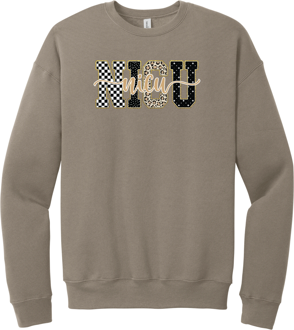 Glitzy Patterned NICU crewneck sweatshirt in Tan, featuring NICU block letters in checkerboard, polka dot, leopard, and starry patterns with a gold glitter outline and nicu script