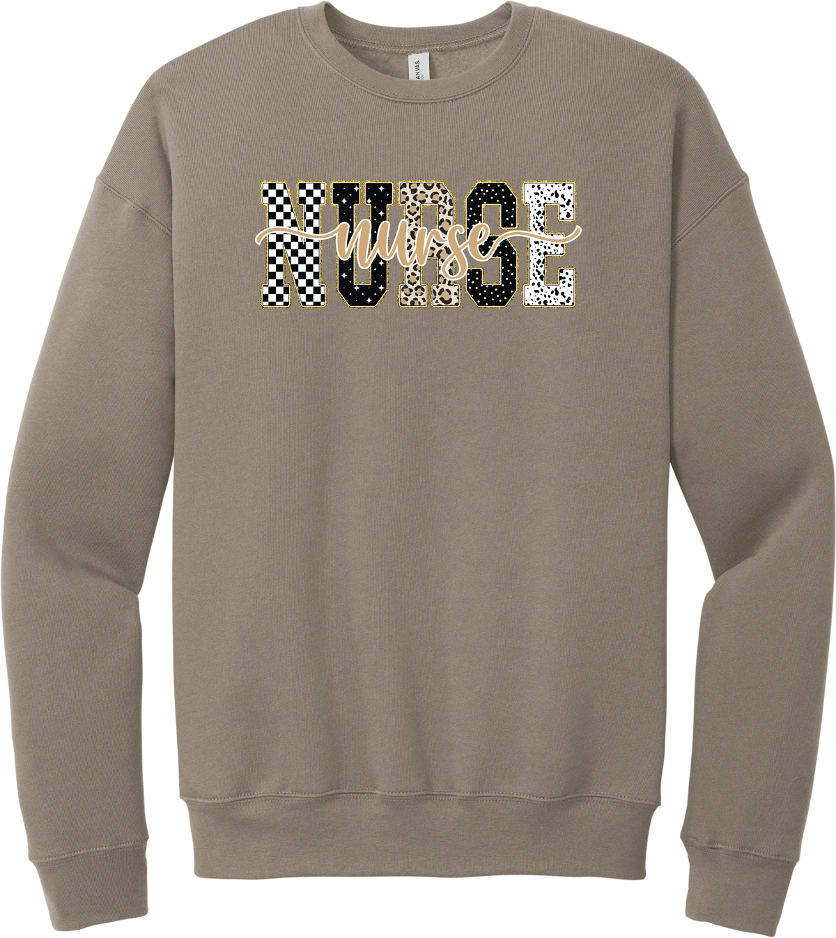 Glitzy Patterned Nurse crewneck sweatshirt in Tan, featuring NURSE block letters in checkerboard, leopard, and polka dot patterns with a gold glitter outline and nurse script