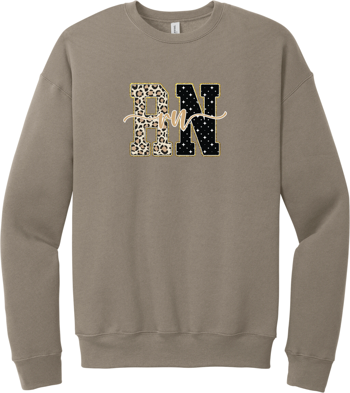 Glitzy Patterned RN crewneck sweatshirt in Tan, featuring RN block letters in leopard and sparkle star patterns with a gold glitter outline and rn script