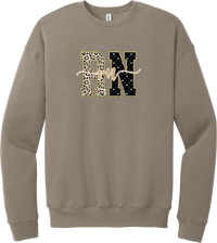 Glitzy Patterned RN crewneck sweatshirt in Tan, featuring RN block letters in leopard and sparkle star patterns with a gold glitter outline and rn script